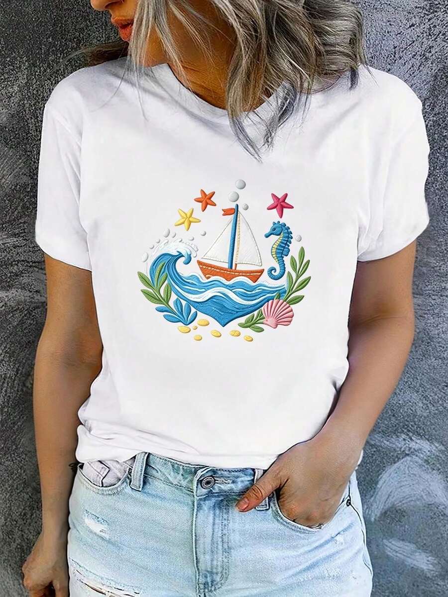 Camiseta de manga corta estampada para mujer con cuello redondo, moderna y casual, lavable a máquina, ajuste cómodo, estampado plano 2D, Blusas Para Mujer Casual 2D. - Blanco_06 - Ver 1