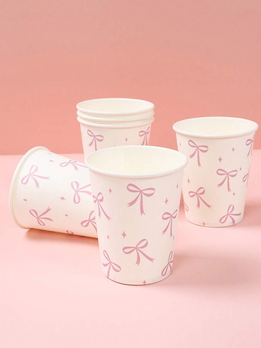 25pcs Pink Bow Paper Cups, Disposable Cups Suitable For Events, Birthdays, Weddings, Baby Showers, Anniversaries, Christmas Parties, Graduations, Hot/Cold Drinks, Tea, Water, Milk, Juice, Party Supplies, Home Decor, Kitchen Dining, Picnics, Daily Use, Holiday Celebrations, Disposable Coffee Cups, Beverage Set