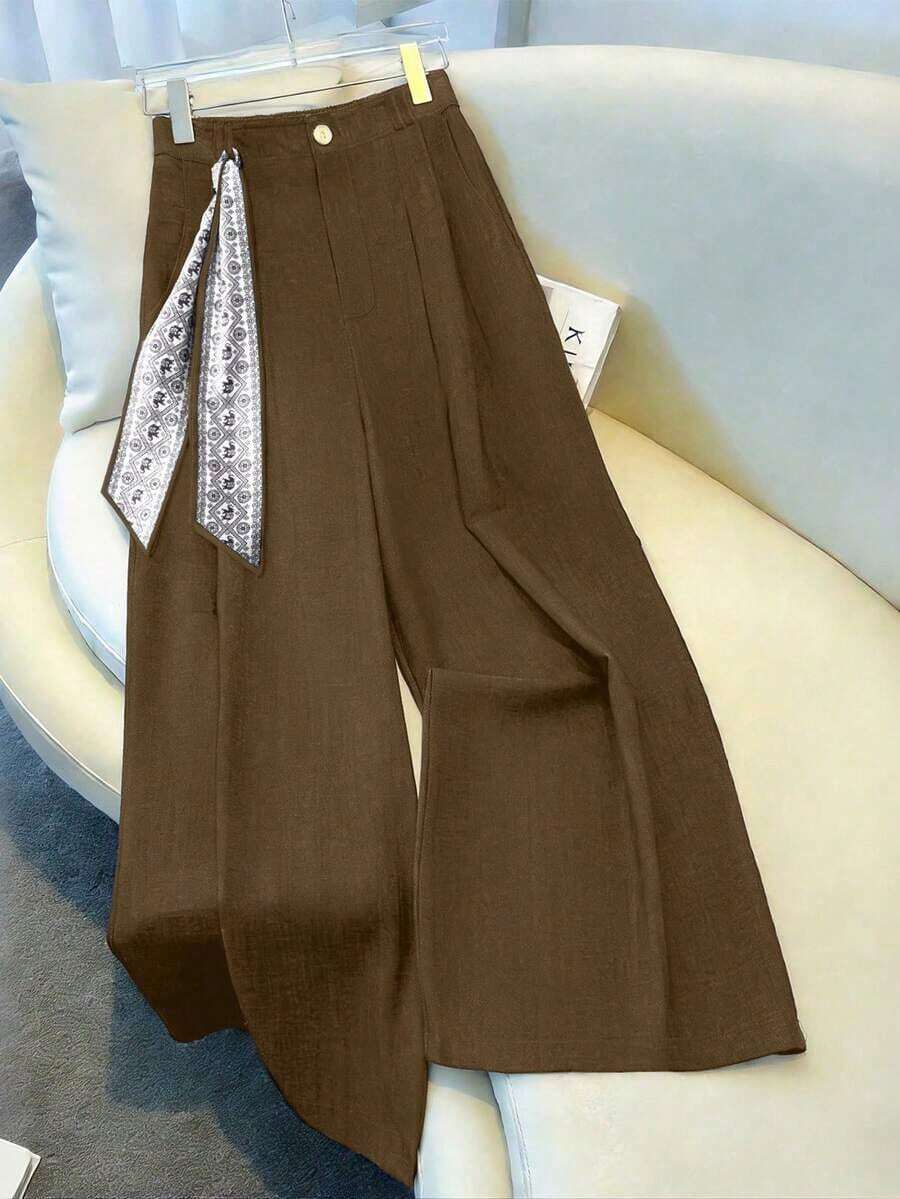 Pantalones de pierna ancha con cintura alta elástica y bolsillos fruncidos en azul marino, con decoración elegante de cinta estampada, versátiles para ocasiones casuales, formales, de fiesta y de vacaciones en primavera/verano - Burdeos - Ver 1