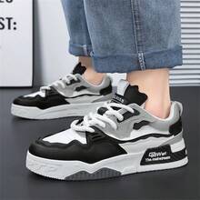 1 Pair Men's Lace-Up Letter Pattern PU Flat Skate Shoes, Wear-Resistant Outdoor Sports Shoes - Black - View 5