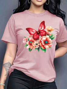 Women's Casual Short-Sleeved Crew Neck T-Shirt With A Bright Floral And Butterfly Print, Made Of Lightweight And Soft Fabric, Suitable For Indoor And Outdoor Wear. A Great Gift For Women, A Birthday Present, A Gift For Friends, A Gift For Sisters, Or A Holiday Gift. 9LX4 - 粉紅色 - 查看 6