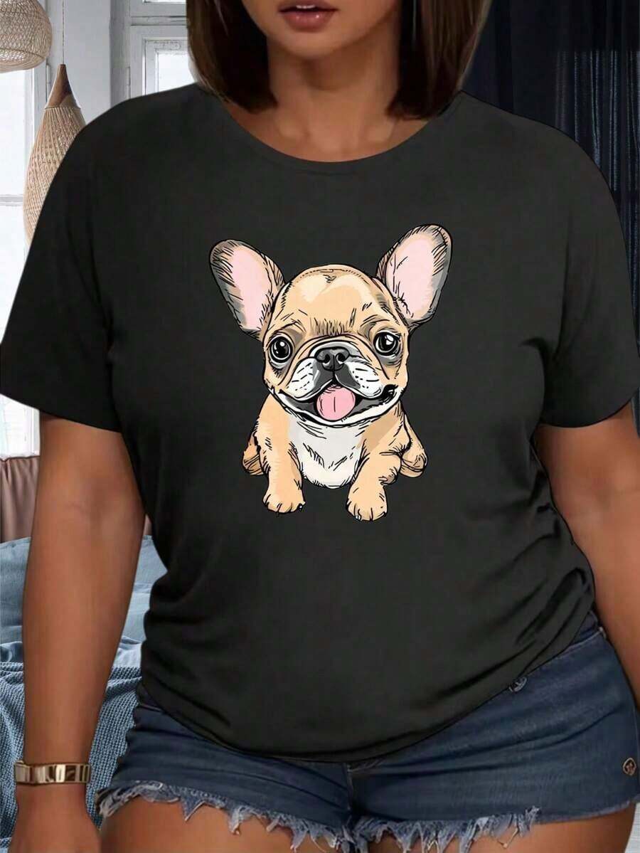 Camiseta Blanca para Mujer con Estampado de Cachorro Bulldog Francés, Estilo Casual de Verano, Ideal para Fiestas al Aire Libre, 220g Adecuado como regalo. playera de mujer. blusas>elegantes. boho chic,Top de mujer suave, transpirable y cómodo, ideal para primavera, verano y otoño, perfecto para vacaciones, viajes y uso diario. - Negro - Ver 1
