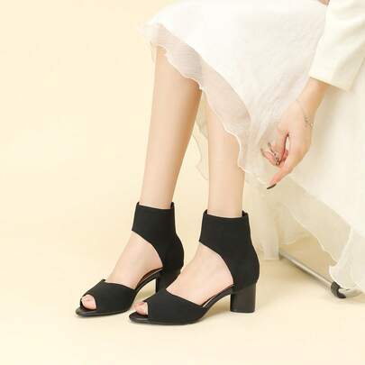 Black Elastic Knit Thick Sole Chunky Heel Sandals, Open Toe Ankle Strap Mid Heel Shoes, Breathable Stretchy Fabric Comfortable Women Shoes, Versatile For Work And Daily Wear