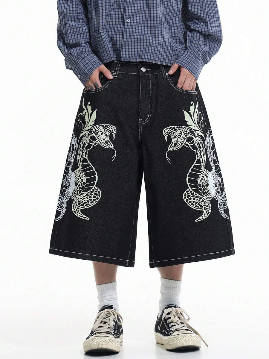 1 buah Celana Pendek Denim Hitam Kasual Longgar Gaya Streetwear Korea Justice Brother dengan Cetakan Personalisasi, Desain Sederhana (Sabuk dan Aksesoris Tidak Termasuk) - Hitam - View 1
