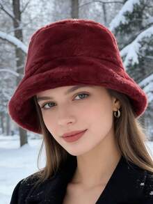 1pc Milky White Faux Rabbit Fur Soft Bucket Hat, Fluffy Thick Warm Material Keeps You Cozy, Puffed Design Flatters Face, Versatile Solid Color Suitable For Various Autumn/Winter Outfits, Effortlessly Creates Soft, Relaxed Korean-Style Winter Look, Essential Warm & Stylish Accessory - Fisherman's Hat - View 5