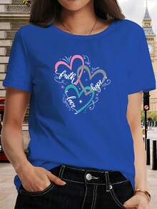 Camiseta de talla grande para mujer - Camiseta con estampado de corazón, letras de fe, amor y esperanza, manga corta, cuello redondo, estilo casual, top elegante y romántico, a la moda para ir al trabajo, vacaciones y uso diario, material opaco, lavable a máquina. CQ7P - Azul - Ver 1