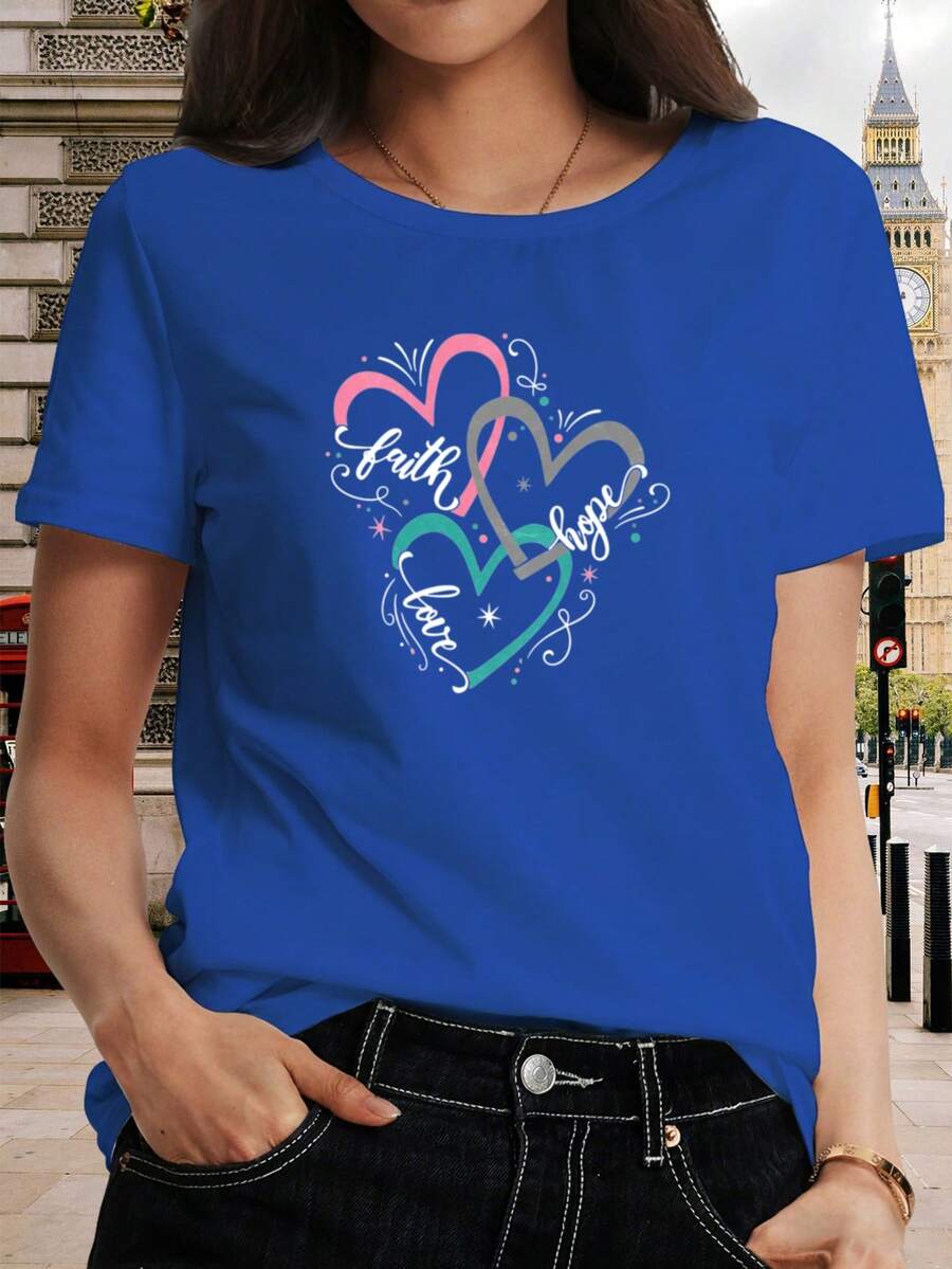 Camiseta de talla grande para mujer - Camiseta con estampado de corazón, letras de fe, amor y esperanza, manga corta, cuello redondo, estilo casual, top elegante y romántico, a la moda para ir al trabajo, vacaciones y uso diario, material opaco, lavable a máquina. CQ7P - Azul - Ver 1