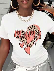 Camiseta Blanca con Estampado de Corazón de Leopardo para Mamá, Top Casual de Verano para Mujer, Regalo para Mamá en su Cumpleaños o Día de San Valentín - Blanco - Ver 2