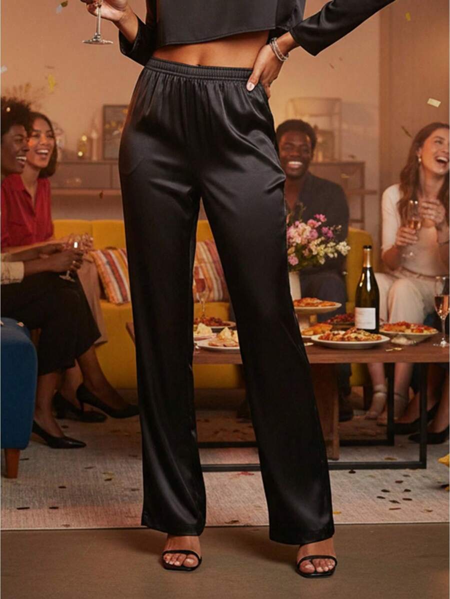 Pantalones para Mujer Marrón Sólidos, Cintura Elástica y Pierna Ancha Larga, Elegantes para Uso Casual y Fin de Semana en Verano - Negro - Ver 1