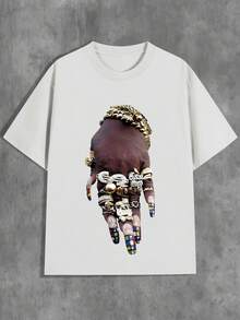 Camiseta Streetwear Y2K para Mujer con Estampado de Huella de Mano, Cuello Redondo Manga Corta, Estilo Casual Versátil - Blanco - Ver 1