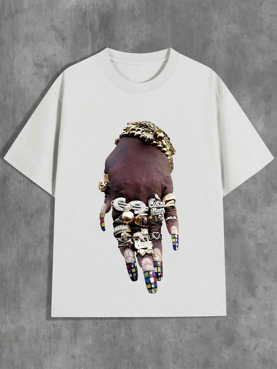 Camiseta Streetwear Y2K para Mujer con Estampado de Huella de Mano, Cuello Redondo Manga Corta, Estilo Casual Versátil - Blanco - Ver 1