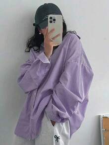 Plus Size Women's Striped Button-Up Shirt, Long Dropped Shoulder Sleeve, Woven Fabric - Purple - View 2