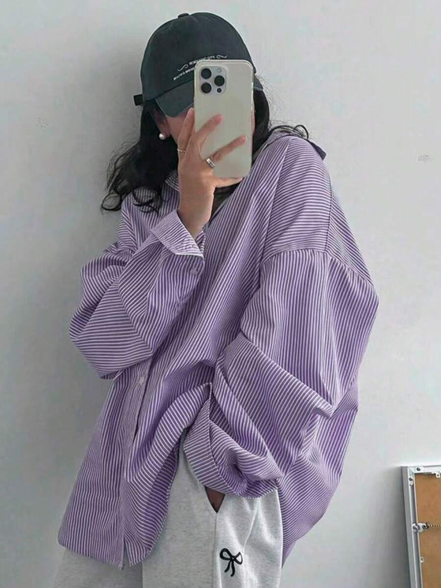 Plus Size Women's Striped Button-Up Shirt, Long Dropped Shoulder Sleeve, Woven Fabric
