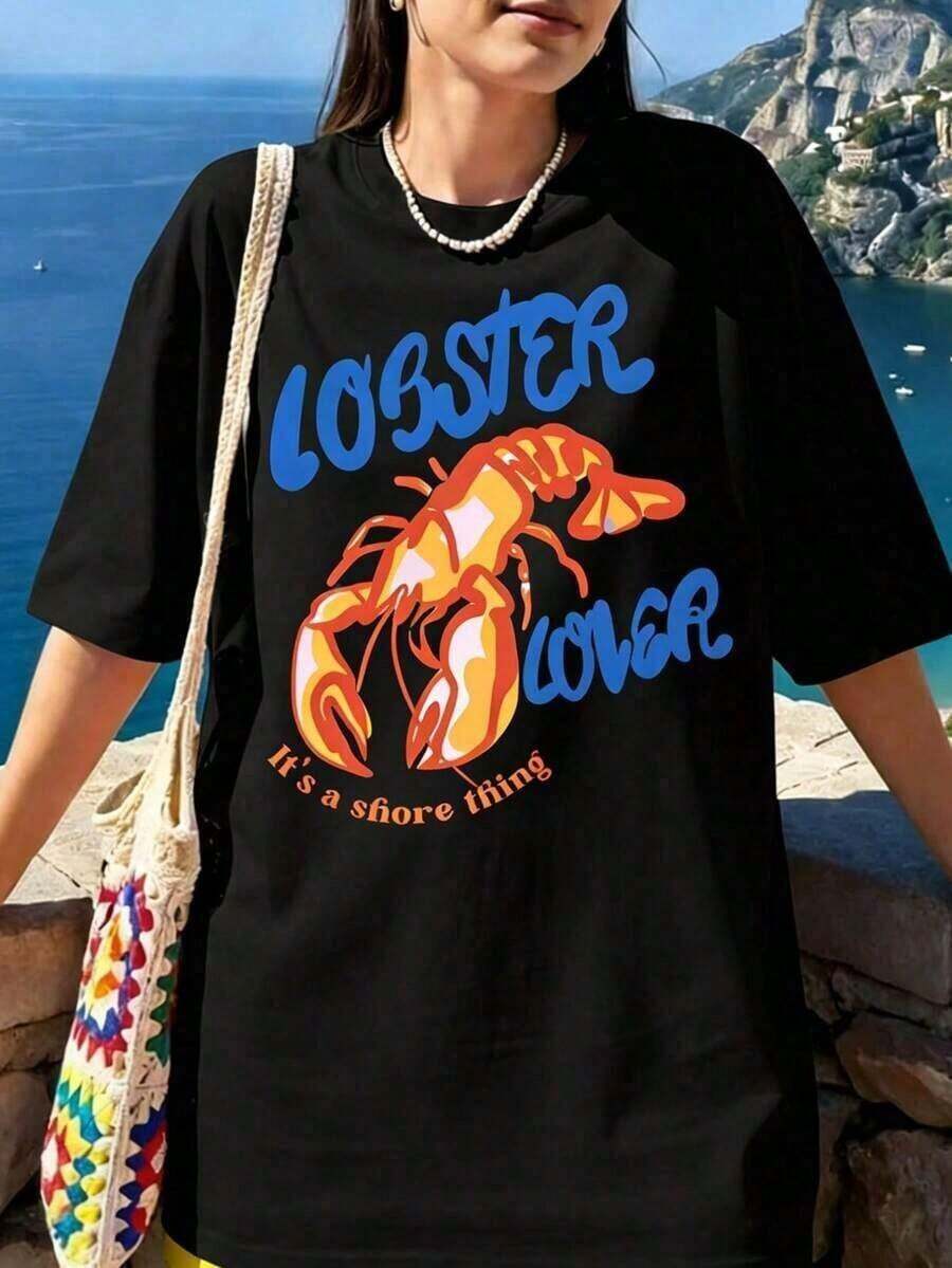 1 Piece Of Women's Short-Sleeved Crew Neck T-Shirt, Featuring A "YEE CLAW" Print With A Cowboy-Style Freshwater Crab Design, A Southern-West Aesthetic, Casual Everyday Summer Top, 180g 100% Cotton, Designs Are Fully Printed. Unisex. - 黑色 3 - 查看 1