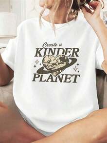 1 pieza de camiseta gráfica vintage para mujer, casual, de algodón suave, ajuste cómodo, transpirable, con estampado llamativo. 180g 100% algodón. - Blanco - Ver 6