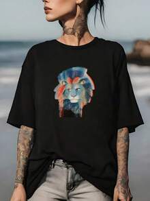 Camiseta súper suave con estampado de león, adecuada para reuniones familiares y eventos corporativos - ¡el regalo perfecto para festivales y fiestas de verano! Cómoda y versátil camiseta de manga corta. - Negro - Ver 7