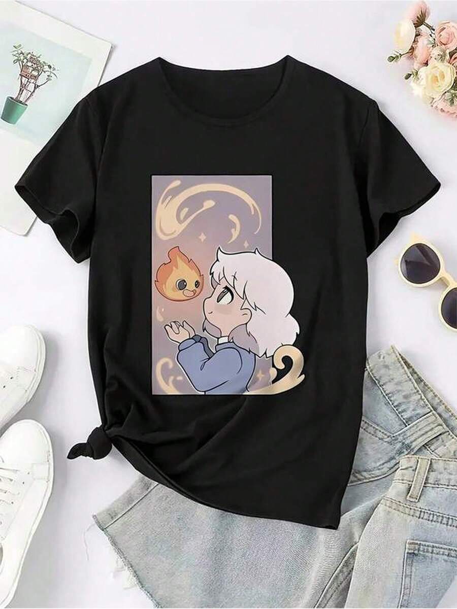 Camiseta de Manga Corta para MujeresImpresión de Dibujos Animados de Harrys Moving Castle, Suave y Transpirable, de Secado Rápido, Comodidad para Todas las Estaciones, Cuello Redondo - Negro - Ver 1
