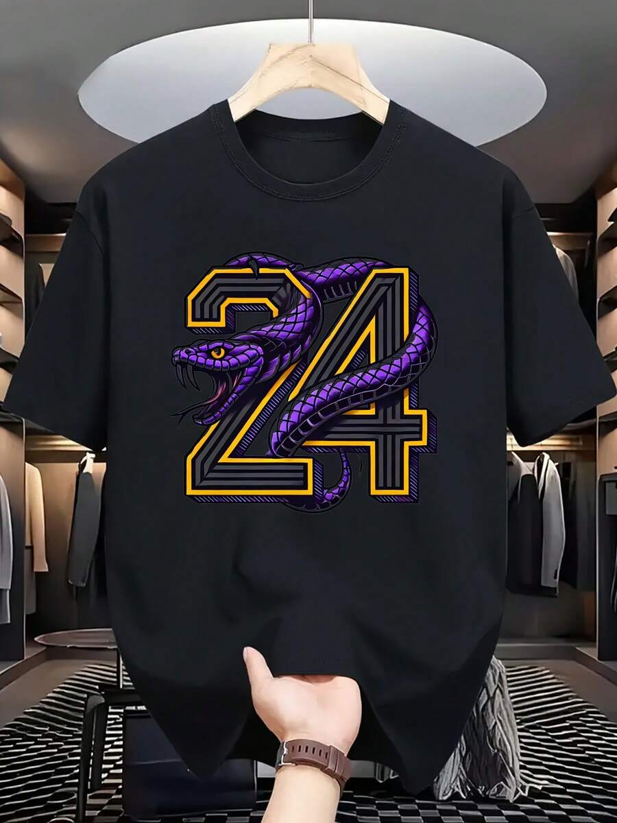 Camiseta Deportiva de Manga Corta para Hombre, Cuello Redondo, Estilo Moderno, Cómoda y Versátil, Ideal para Verano y Primavera, Estilo Deportivo, Ajuste Cómodo, Perfecta como Regalo, Números Creativos 24 - Negro - Ver 1