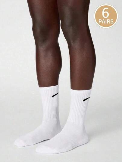 Courvante 6 Pairs Men's White Solid Color Mid-Calf Socks, Versatile And Breathable, With Ribbed, For Golf Tennis Sport, Father's Day Gift For Father & Boyfriend, Outfits For Men