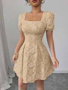 Women's Dress With Puff Sleeves And Square Neck, Fashionable For Summer - 酒紅色 - 查看 6