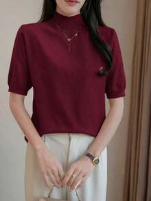 Blusa de punto de manga corta con cuello alto, elegante y de moda para el día a día, de color liso - Burdeos - Ver 5