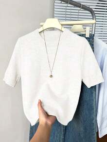 Suéter de punto de cuello redondo de manga corta para mujer, de unicolor casual para uso diario, jersey ligero minimalista y lindo, top de verano para mujer, conjunto de verano para mujer, suéter de punto de verano, top de verano adorable para mujer - Blanco - Ver 7
