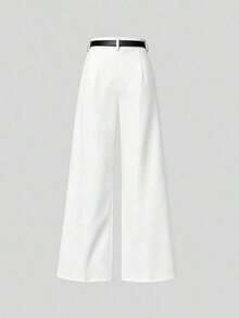 Pantalones rectos de cintura media de unicolor elegante con cinturón, negro, primavera - Blanco - Ver 3