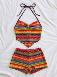 Nuevo conjunto informal de vacaciones de primavera/verano para invitados a bodas en la playa, graduación, brunch, Día de San Patricio, Spring Break, Pascua, festivales de música, elegante, bohemio, tropical, con estampado de rayas azul y blanco, camiseta de tirantes finos y conjunto de 2 piezas - Multicolor 4 - Ver 3