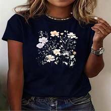 1 pieza de Playera corta 100% algodón, cuello redondo casual con estampado, dise?o floral en tonos suaves, manga corta transpirable para uso diario - Negro - Ver 2