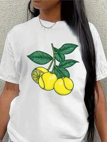 This Lightweight And Durable Short-Sleeved T-Shirt, Designed With A Lemon Print, Is Perfect For Casual Wear In The Kitchen Or Living Room, Offering A Comfortable Everyday Wearing Experience. - 白色 - 查看 1
