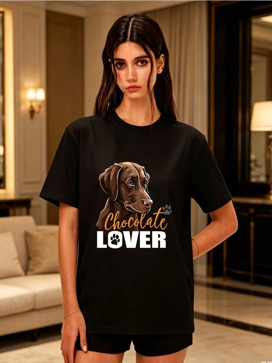 Camiseta de mujer de 180 g con estampado de labrador chocolate, manga corta, cuello redondo, top casual holgado, camiseta estampada de moda de verano, regalo para amantes de los perros, reuniones familiares, actividades de building de empresa 2024 - Camiseta unisex de algodón holgada de manga corta y cuello redondo estilo vintage urbano. - Negro - Ver 1