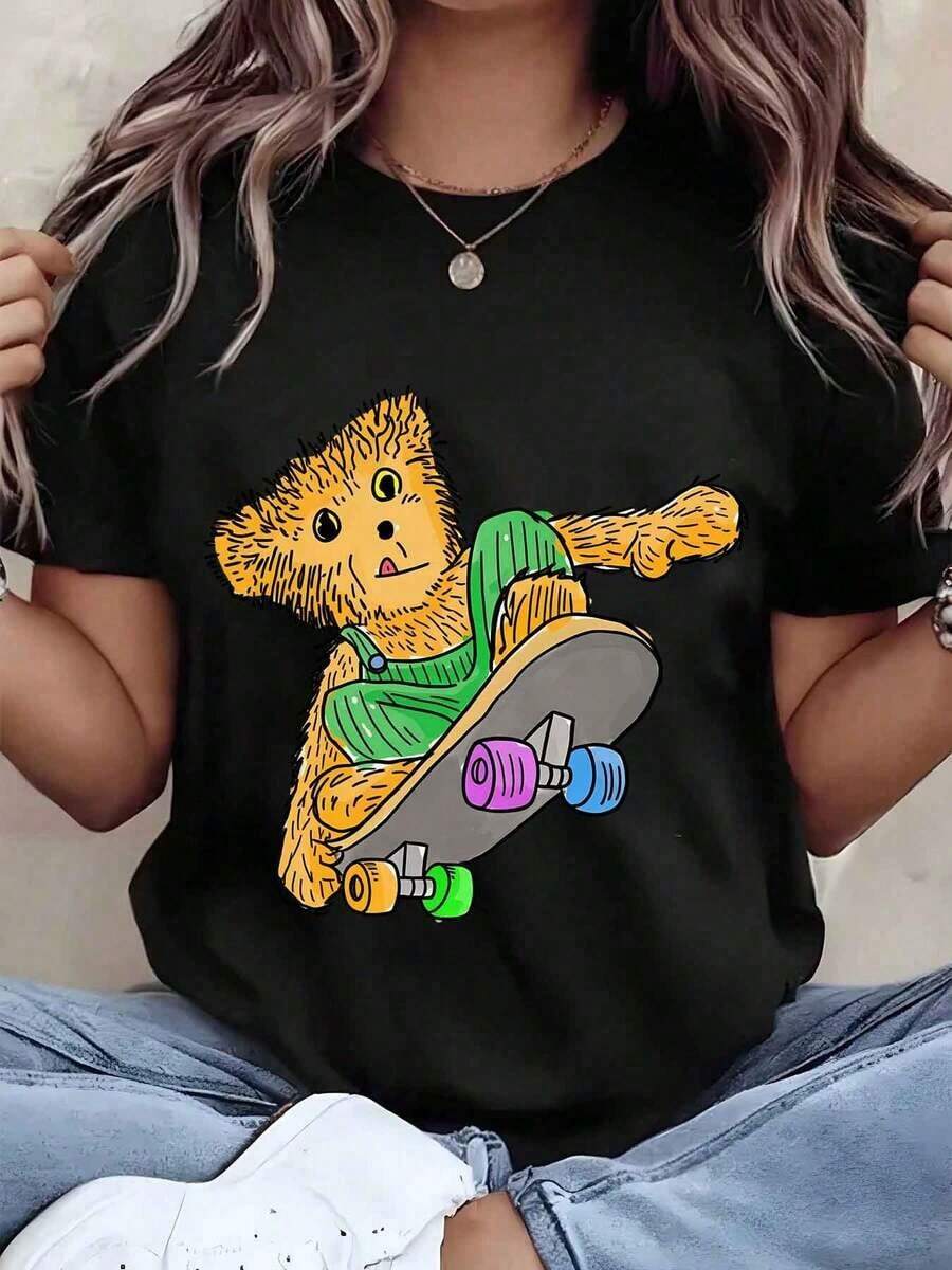 Camiseta de Mujer Under The Radar con Estampado de Oso en Patineta, Cuello Redondo, Estilo Casual de Verano, Regalo - Estilo Urbano Vintage, Unisex, de Algodón, Manga Corta, Cuello Redondo - Negro - Ver 1