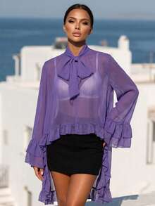 Women's Ruffled Tops Bow Tie Design Stylish Solid See Through Loose Fit V Neck Long Sleeve Blouses Perfect For Summer - Purple - View 2