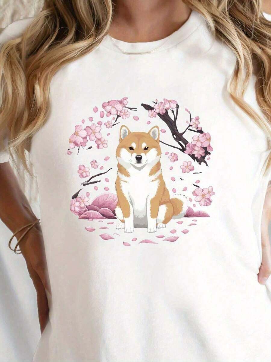 Camiseta Casual, Conjuntos de Verano para Mujer, Regalos para Mamá, Camiseta con Estampado de Shiba Inu en un Bosque de Cerezos, Top Casual de Manga Corta y Cuello Redondo para Verano y Primavera, Ropa de Mujer, Holgada y Cómoda, Tops Azules, Ropa de Verano para Mujer, 100% Algodón, Duradera - Blanco - Ver 1