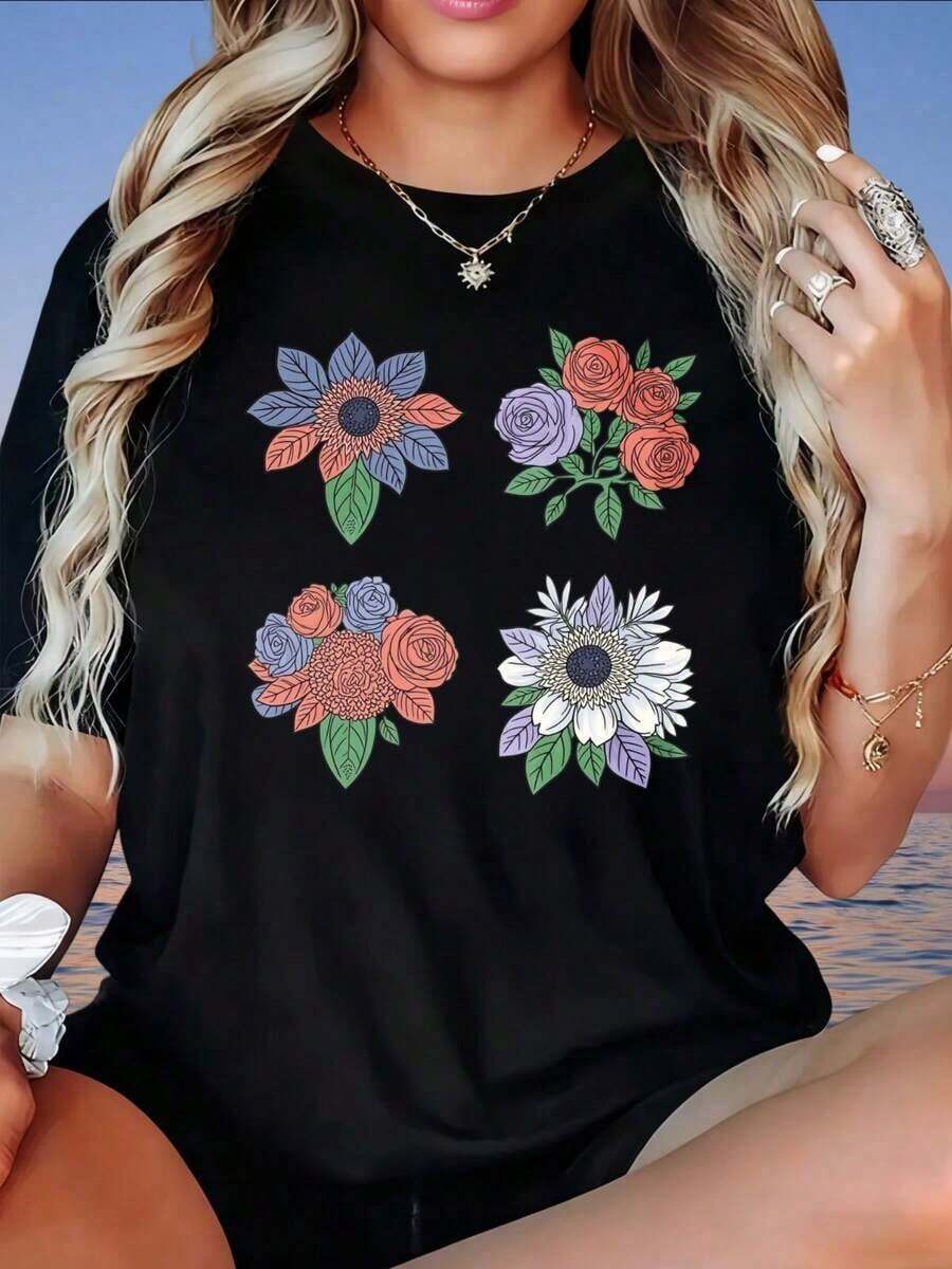 Camiseta de Mujer con Estampado Floral de Arte Mexicano, Corte Holgado, Diseño de Ramo Colorido, Top Casual de Verano para Playa y Uso Diario, Camiseta de Algodón para Familia Coordinada - Negro - Ver 1