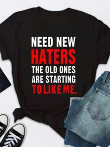 Camiseta de Mujer con Estampado de Letras 'Need New Haters', Manga Corta, Cuello Redondo, Holgada, para Verano, Tops, Camisetas Mujer - Negro - Ver 6