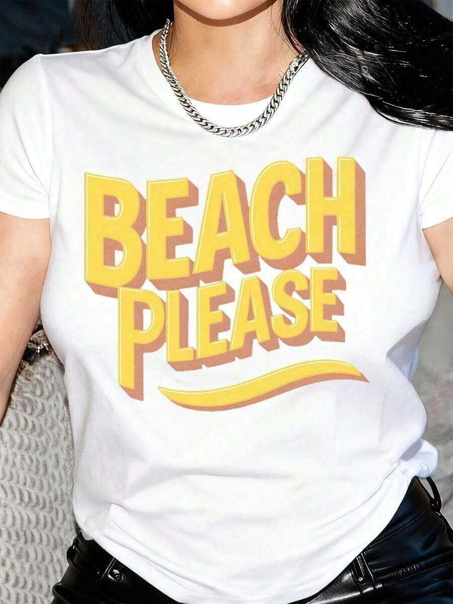 Camiseta casual de mujer con llamativas letras amarillas 3D "Beach Please" - Ropa de playa casual de verano, blanca, de manga corta y cuello redondo para vacaciones, piscina, atuendo informal - Suave, transpirable, 100% ShirtFashion - Blanco - Ver 1
