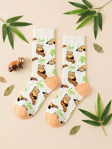 1 Pair Cute Cartoon Raccoon Print Mid-Calf Socks, Soft & Comfortable Cartoon Animal Socks, Suitable For Daily Wear - Multicolor - View 4