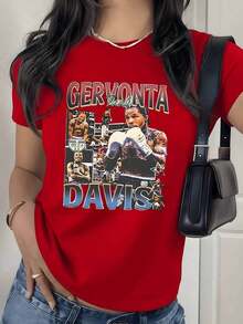 Camiseta con Estampado Gráfico de Collage de Atleta de Boxeo, 180g, 1 Pieza, Estilo Deportivo, Casual para Mujer, 100% Algodón, Estilo Vintage Streetwear - Rojo - Ver 9