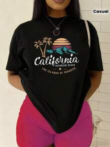 Camiseta única y moderna con diseño tropical de California y palmeras, ideal para un look veraniego, perfecta para los amantes de la moda y la cultura y2k, disponible en color negro, cómoda y fresca, no te la pierdas, una prenda esencial para tu guardarropa. - Negro - Ver 12