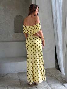 Vestido largo súper elegante y sexy con estampado de lunares marrones sobre base amarilla, con hombros descubiertos, fruncido y calado. Adecuado para vacaciones, invitada de boda, vestido de cumpleaños, salida, ceremonia de graduación, regreso a casa, vacaciones, fiestas y otras ocasiones. - Multicolor - Ver 7