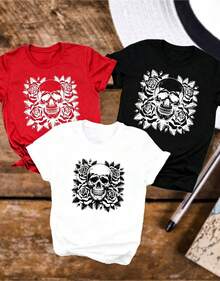 streetwear, 3 Top oversized cuello redondo daily outings, camping, concerts, hip-hop, rock, and rap events de moda: Camiseta casual de manga corta para mujer, con estampado de calaveras, rosas y rayos de sol, cuello redondo, de algodón puro, transpirable, estilo deportivo informal, ideal como regalo para las vacaciones, camiseta de primavera con diseño de mariposas y Pascua para mujer. - Blanco - Ver 1