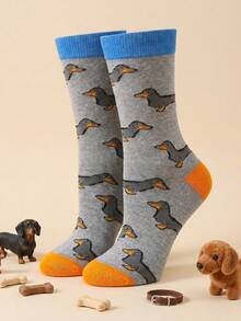 1 Pair Unisex Cute Dachshund Dog Pattern Mid-Calf Socks, Unique And Fun Dog Socks Suitable For All Seasons Daily Wear - Multicolor - View 3