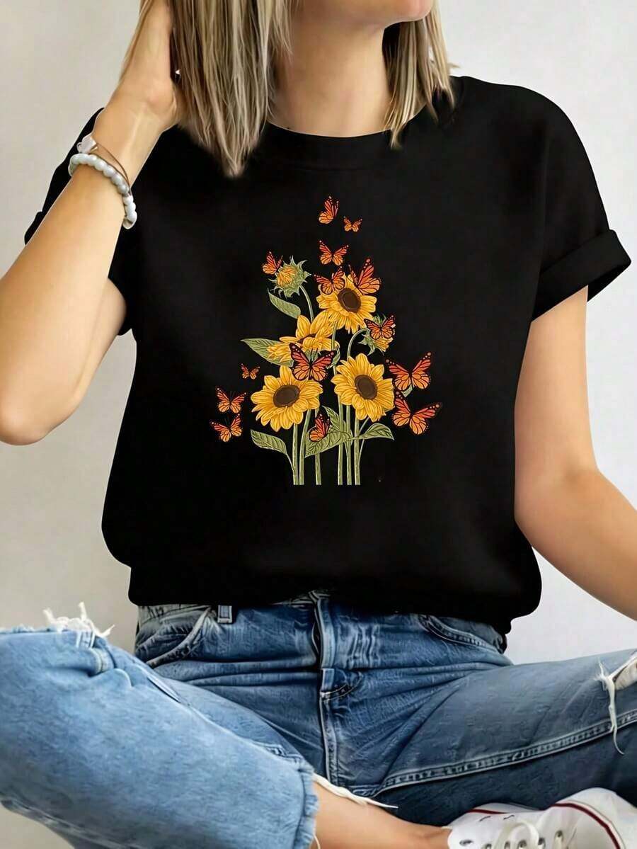 Camiseta de Algodón Estilo Vintage con Estampado de Slogan de Lisboa, Árbol de Mariposas, Hermosos Animales, Naturaleza, Camiseta de Talla Grande para Mujer, Camiseta Gráfica Oversize de Manga Corta, 1 Pieza, Novedosa, Camiseta 100% Poliéster, Top Casual con Cuello Redondo, 220g, para Uso Diario en Verano - Negro - Ver 1