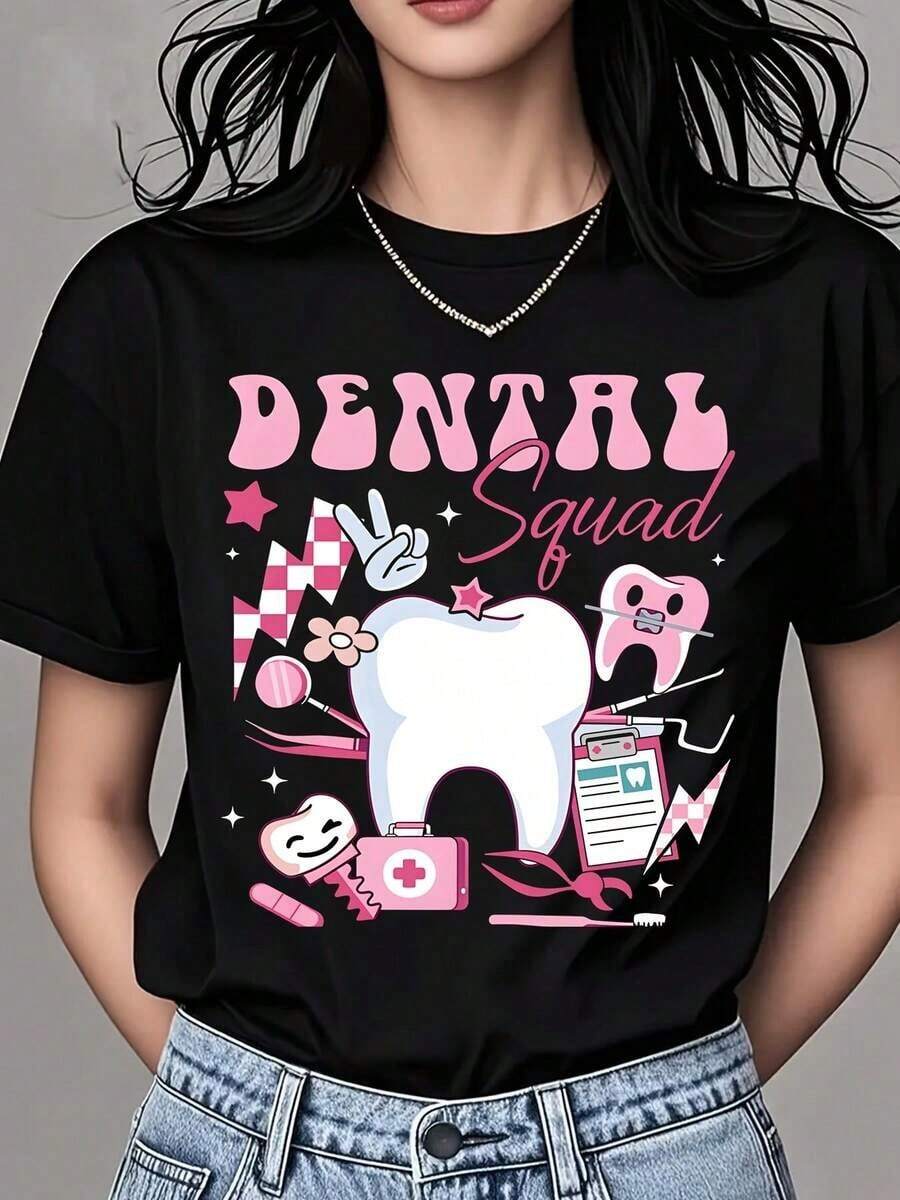 Camiseta de Algodón Estilo Vintage con Estampado de Slogan de Lisboa para Mujer, Cuello Redondo, Estampado de Herramientas Dentales, Manga Corta, para Trabajo en Consultorio Dental o Uso Casual de Verano - Negro - Ver 1