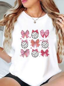 Women's T-shirt Camiseta con Estampado de Voleibol, Cuello Redondo, Manga Corta, Casual, para Primavera/Verano, Ropa Deportiva para Mujer, Lavable a Máquina - Blanco - Ver 7