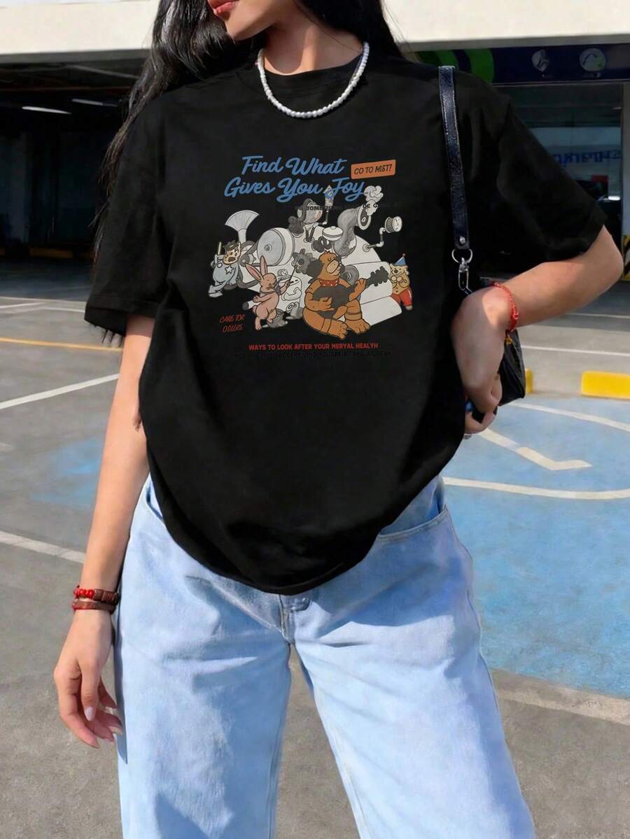 ropa de mujer Camiseta de manga corta con cuello redondo para primavera/verano, estilo casual cómodo con estampado de dibujos animados, corte holgado, esencial para el hogar y los viajes, camisas de mujer - Negro - Ver 1