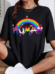 Playeras de mujer de algodón Rainbow Human Pride T-Shirt para mujer, unisex, de talla grande, camiseta gráfica blanca con diseño de arcoíris colorido y detalles de corazón, perfecta para el Mes del Orgullo LGBTQ, celebración LGBTQ, ropa casual de verano. - Negro - Ver 7