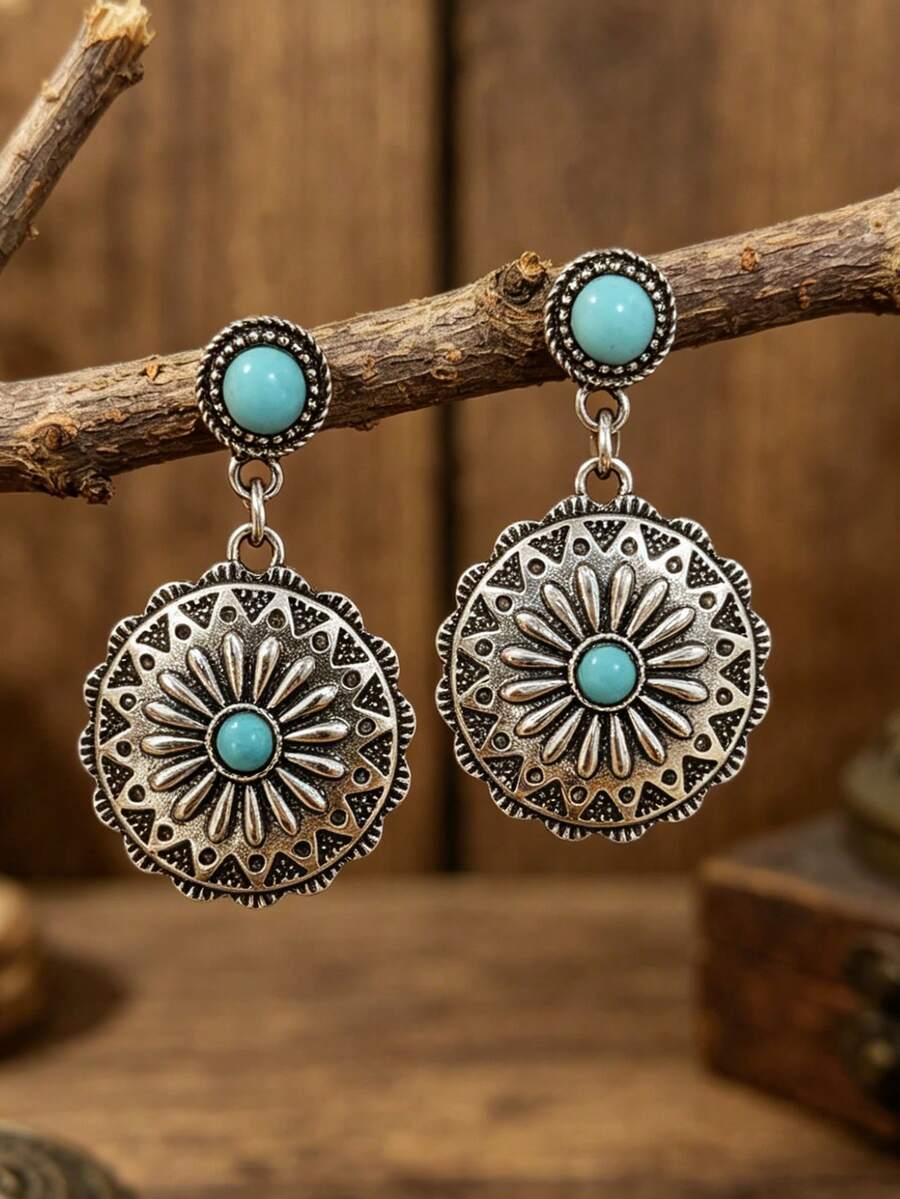 1 Pair Bohemian Style Sunflower Earrings - Silver - View 1
