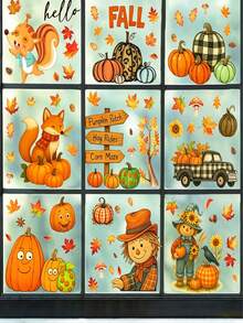 Stiker Jendela Bertema Musim Gugur, Desain Gaya Cat Air Menampilkan Pola Truk, , Daun Maple, dan Orang-orangan Sawah, Cocok untuk Dekorasi Rumah Bertema Thanksgiving dan Musim Gugur - A - View 1